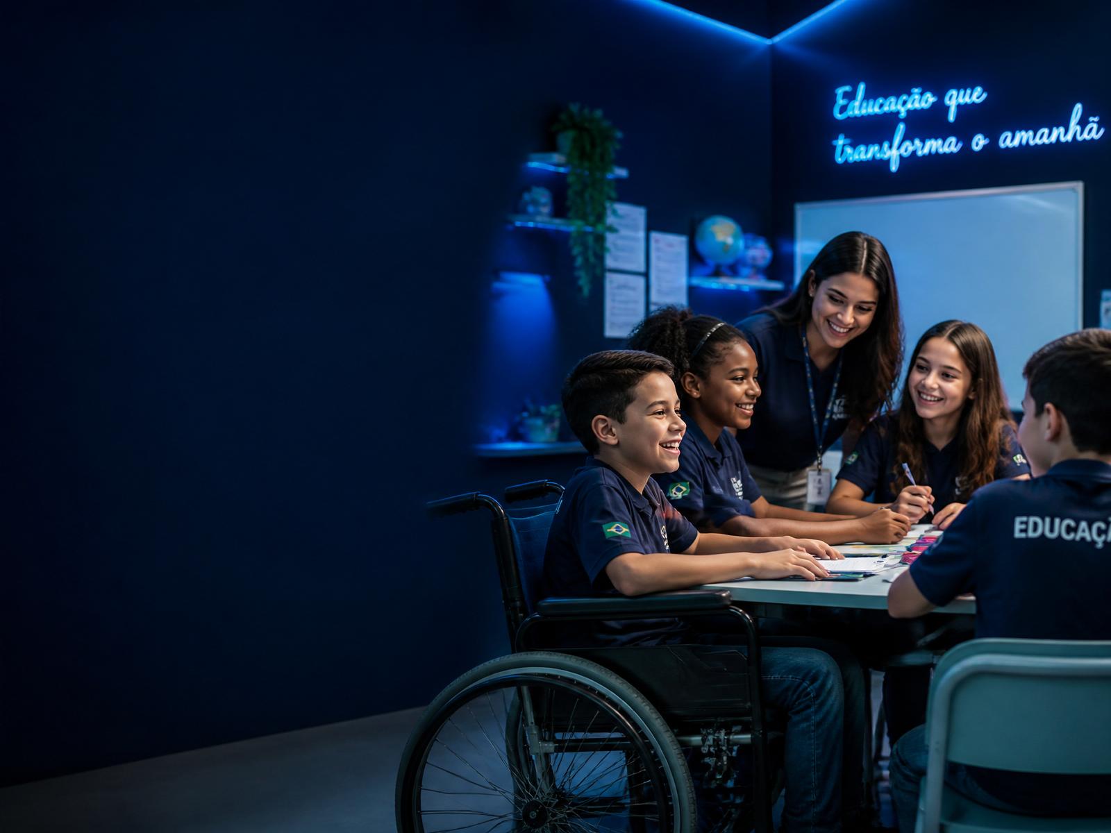 Estudantes e professora em sala de aula inclusiva, incluindo um estudante cadeirante, trabalhando juntos